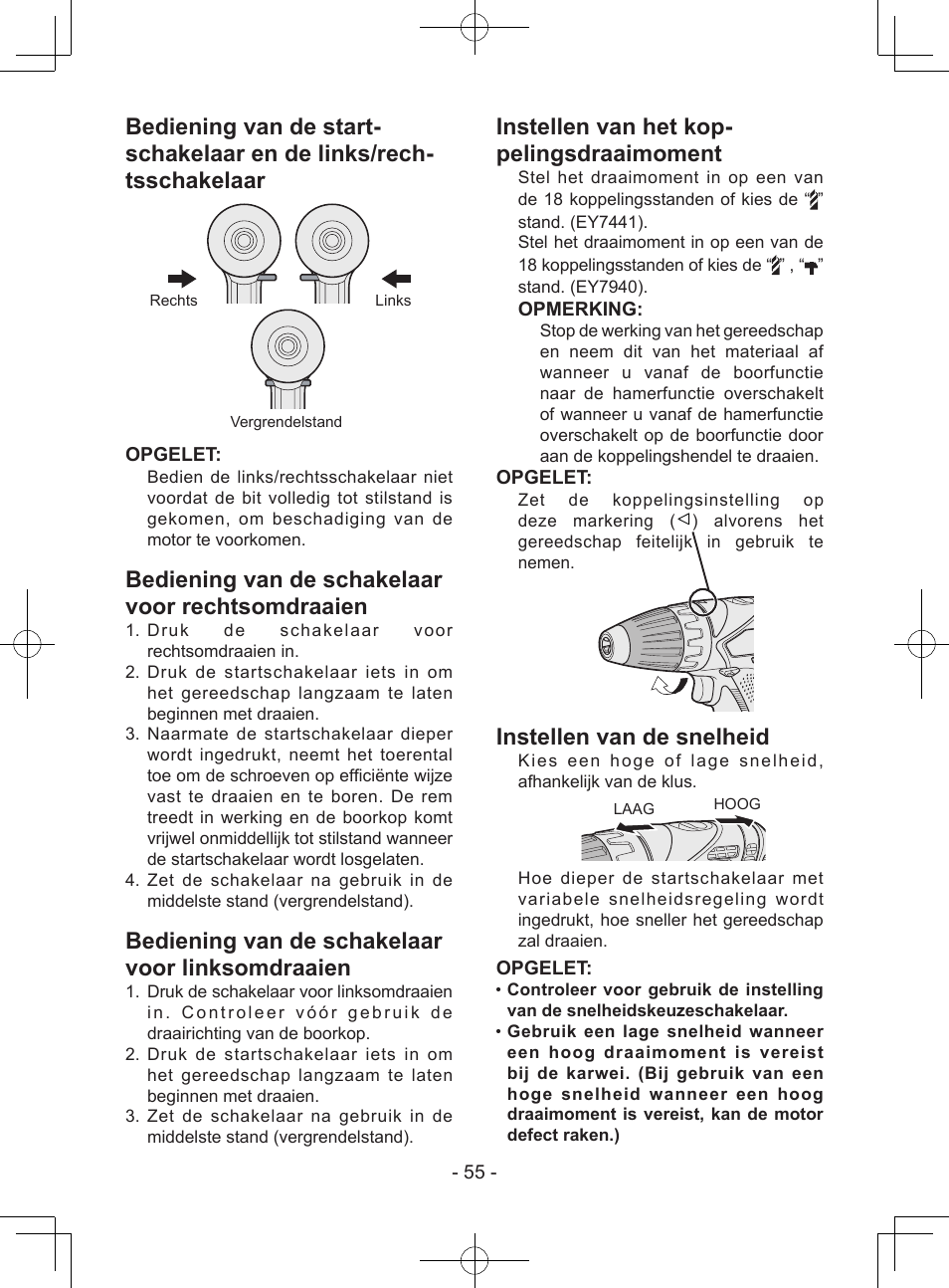 Bediening van de schakelaar voor rechtsomdraaien, Bediening van de schakelaar voor linksomdraaien, Instellen van het kop- pelingsdraaimoment | Instellen van de snelheid | Panasonic EY7940 User Manual | Page 55 / 121