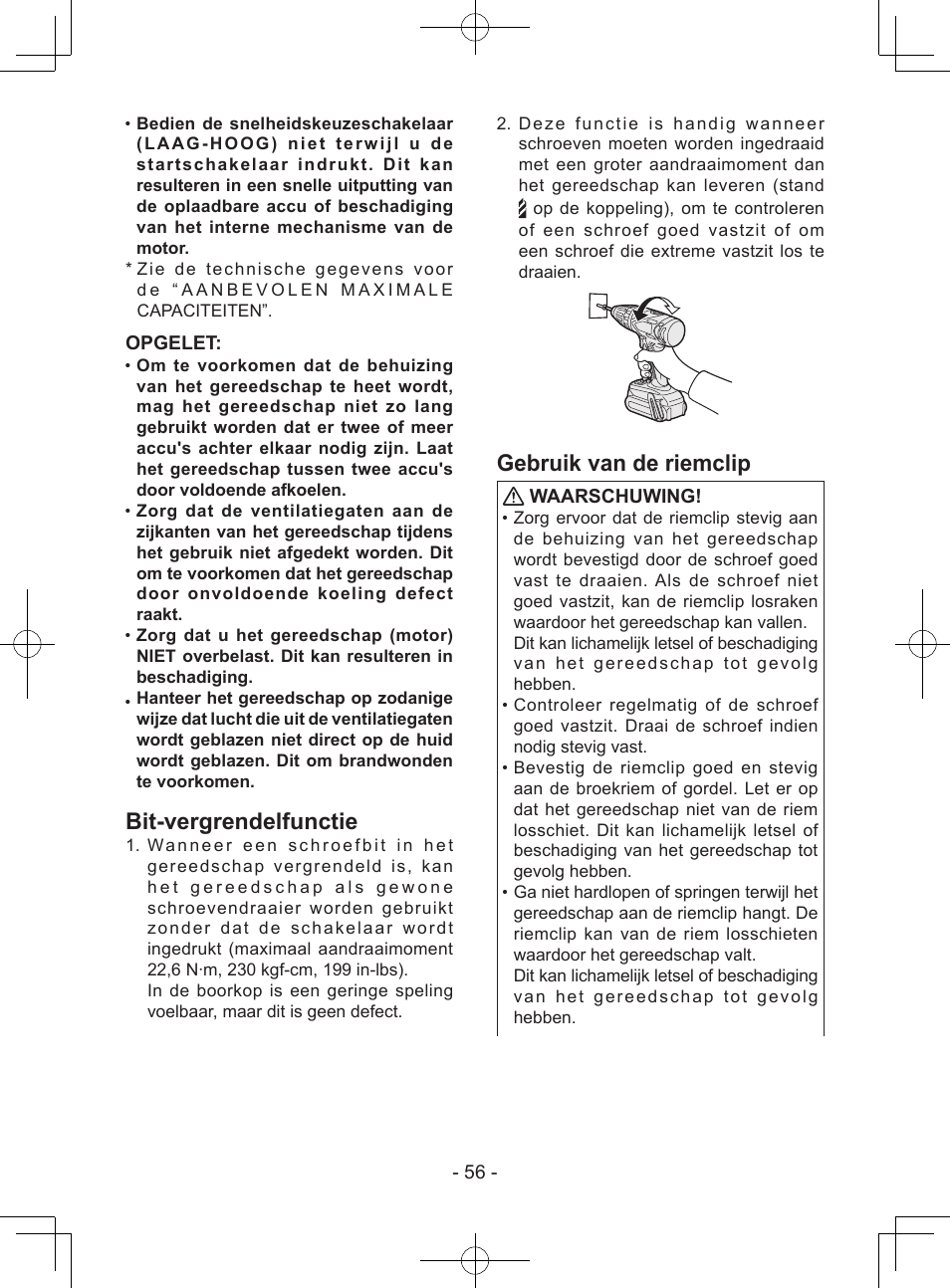 Bit-vergrendelfunctie, Gebruik van de riemclip, Opgelet | Waarschuwing | Panasonic EY7940 User Manual | Page 56 / 121