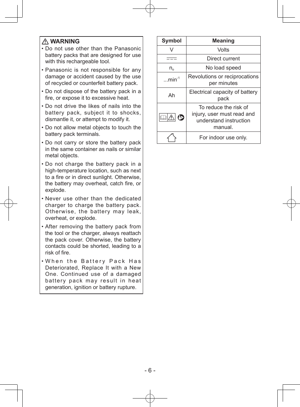 6 - warning, Do not use other than the panasonic, No load speed ...min | Panasonic EY7940 User Manual | Page 6 / 121