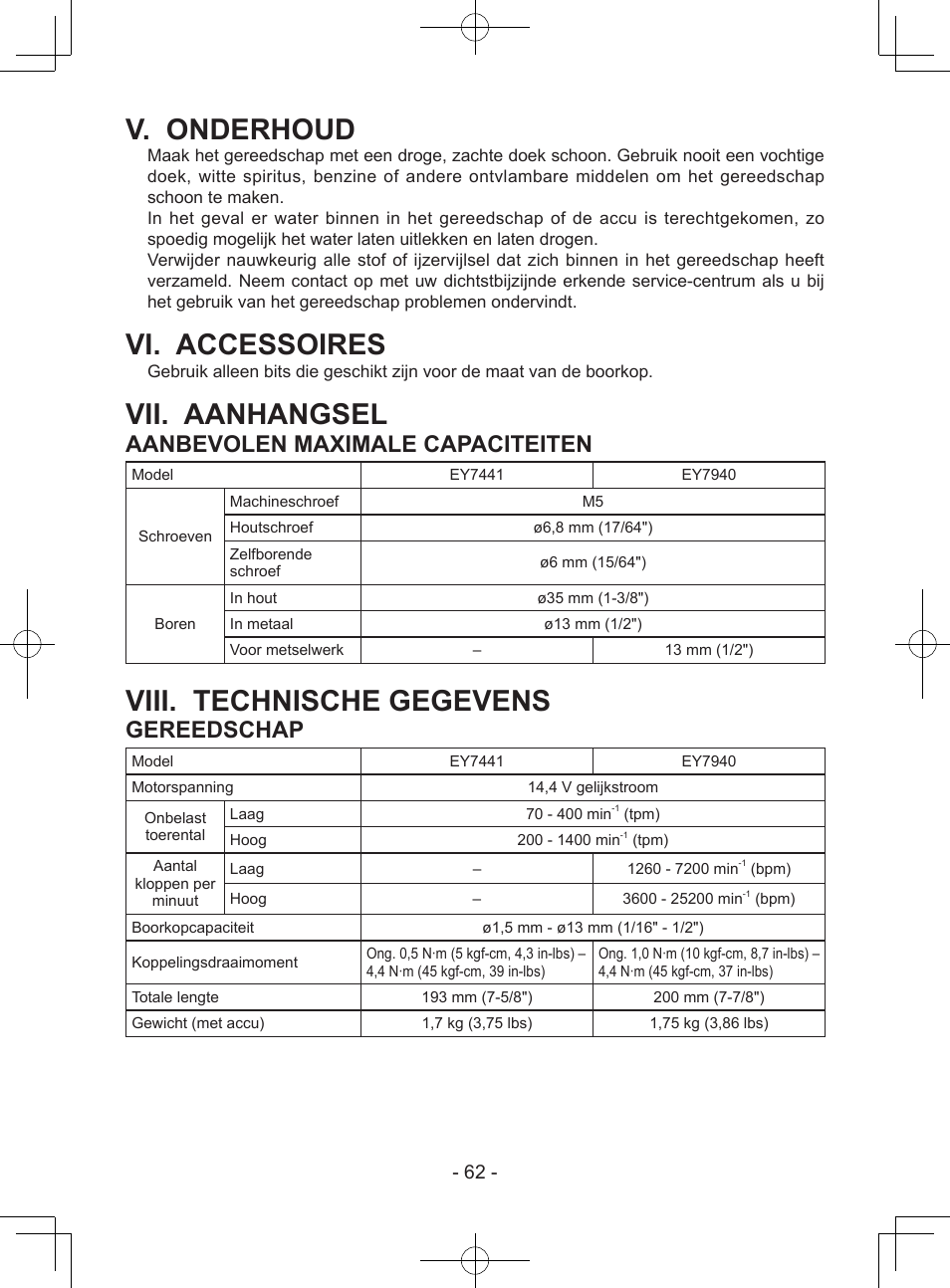 V. onderhoud, Vi. accessoires, Vii. aanhangsel | Viii. technische gegevens, Aanbevolen maximale capaciteiten, Gereedschap | Panasonic EY7940 User Manual | Page 62 / 121