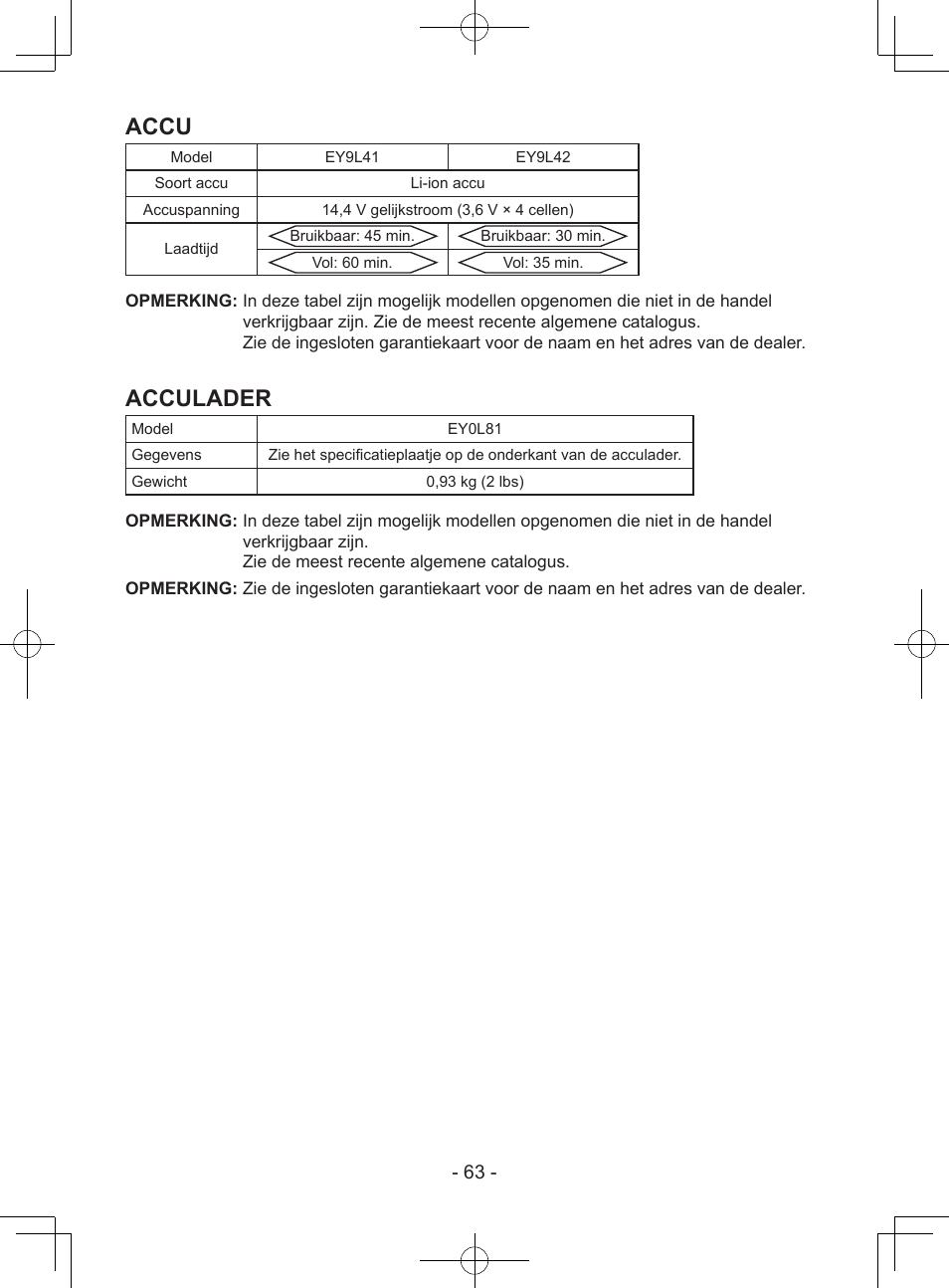 Accu, Acculader | Panasonic EY7940 User Manual | Page 63 / 121