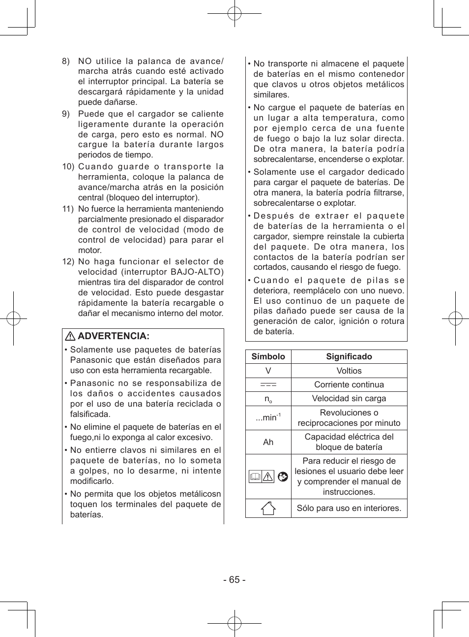 Advertencia | Panasonic EY7940 User Manual | Page 65 / 121
