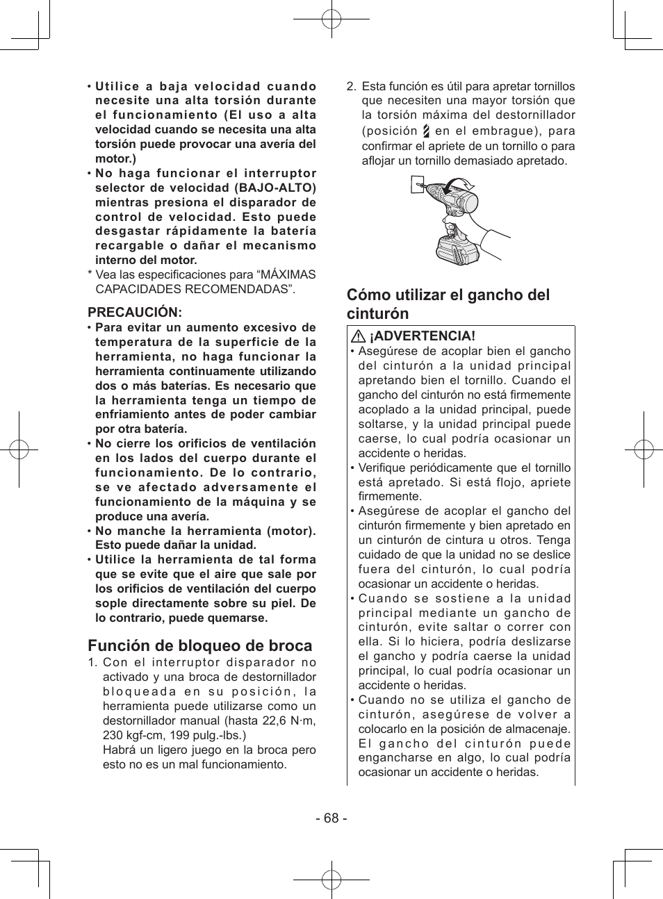 Función de bloqueo de broca, Cómo utilizar el gancho del cinturón, Precaución | Advertencia | Panasonic EY7940 User Manual | Page 68 / 121