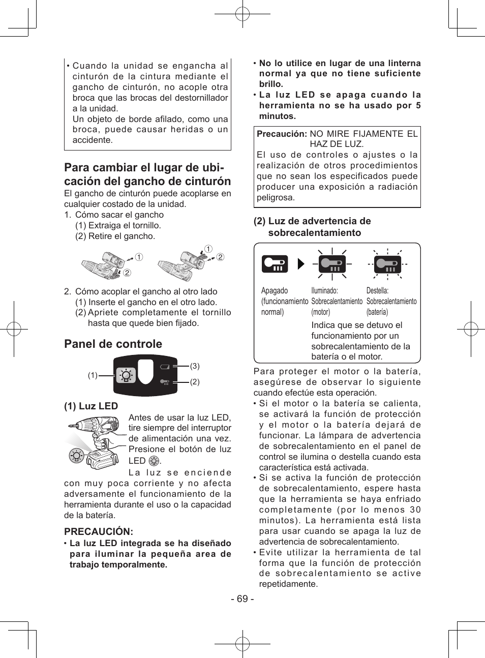 Panel de controle, 1) luz led, Precaución | 2) luz de advertencia de sobrecalentamiento | Panasonic EY7940 User Manual | Page 69 / 121
