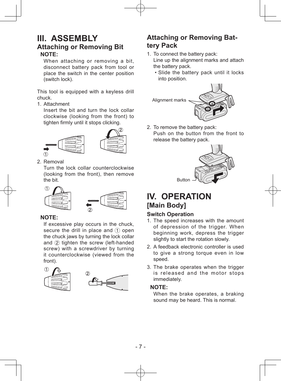 Iii. assembly, Iv. operation, Attaching or removing bit | Attaching or removing bat- tery pack, Main body | Panasonic EY7940 User Manual | Page 7 / 121