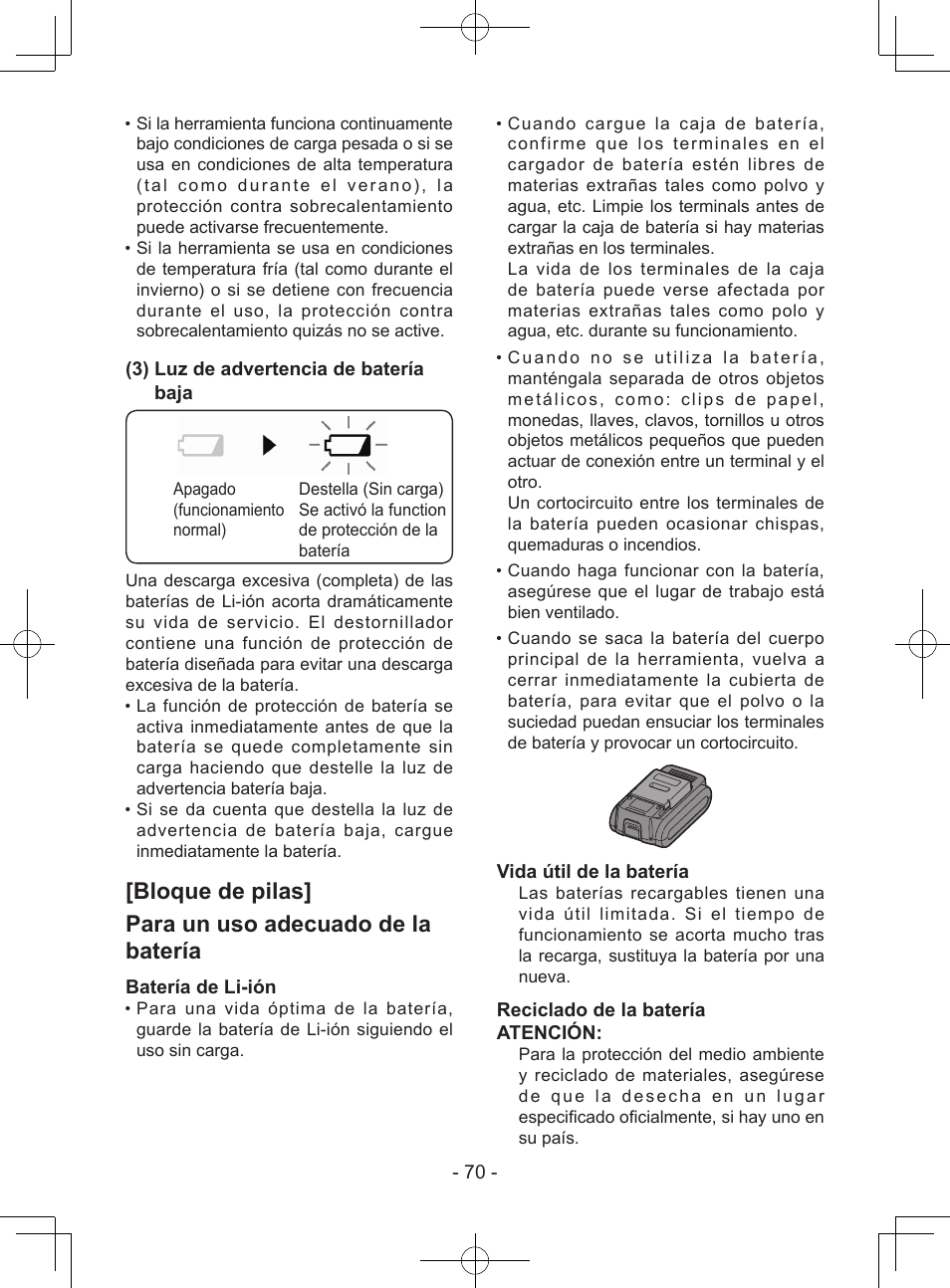 3) luz de advertencia de batería baja, Batería de li-ión, Vida útil de la batería | Reciclado de la batería atención | Panasonic EY7940 User Manual | Page 70 / 121