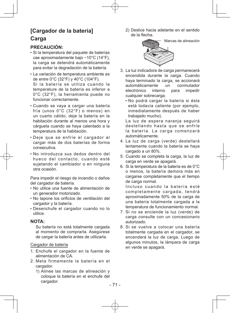 Cargador de la batería] carga, Precaución, Nota | Panasonic EY7940 User Manual | Page 71 / 121