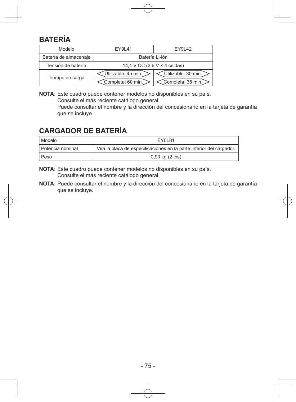 Batería, Cargador de batería | Panasonic EY7940 User Manual | Page 75 / 121