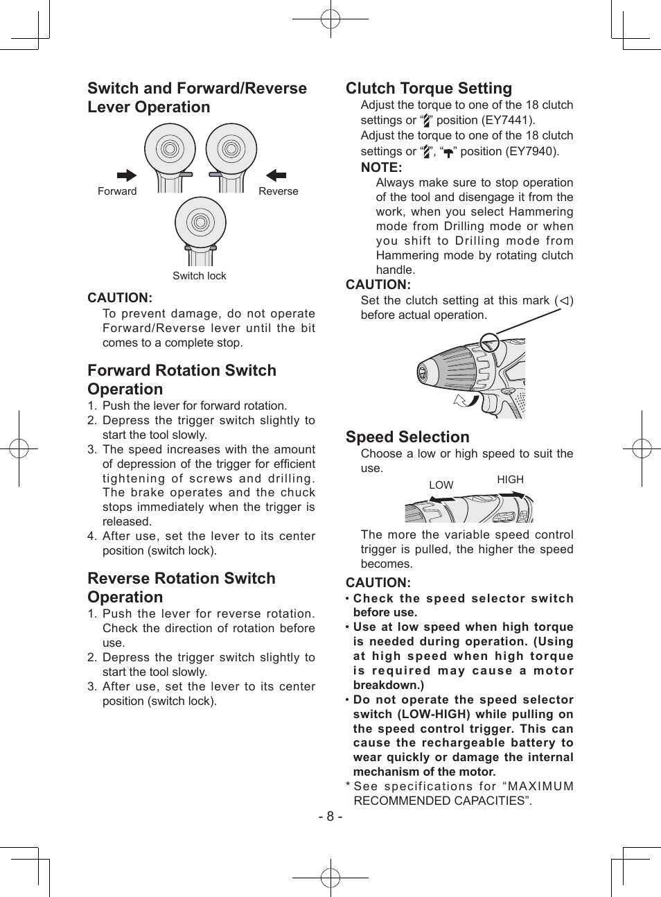 Switch and forward/reverse lever operation, Forward rotation switch operation, Reverse rotation switch operation | Clutch torque setting, Speed selection | Panasonic EY7940 User Manual | Page 8 / 121