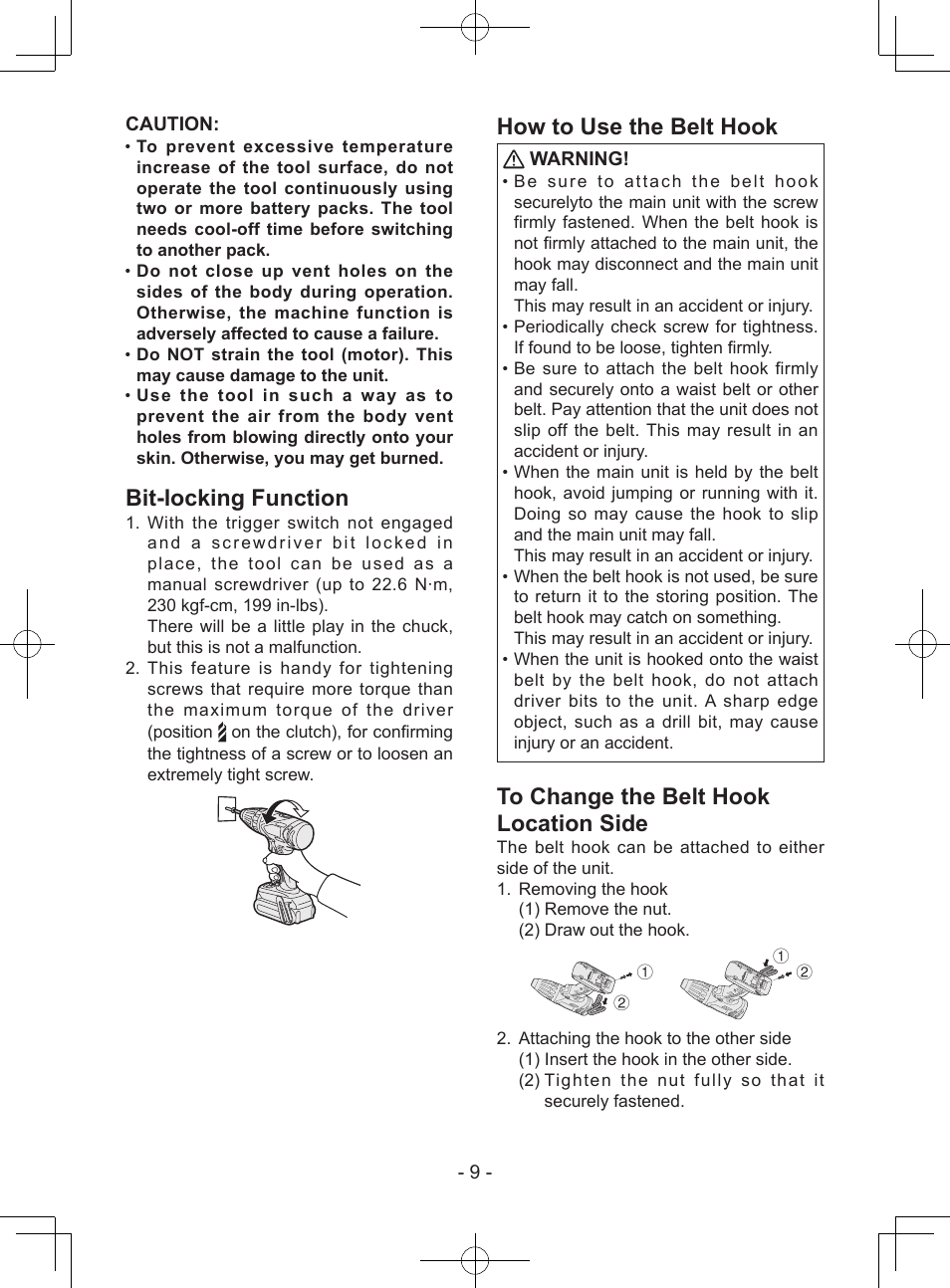 Bit-locking function, How to use the belt hook, 9 - caution | Warning | Panasonic EY7940 User Manual | Page 9 / 121