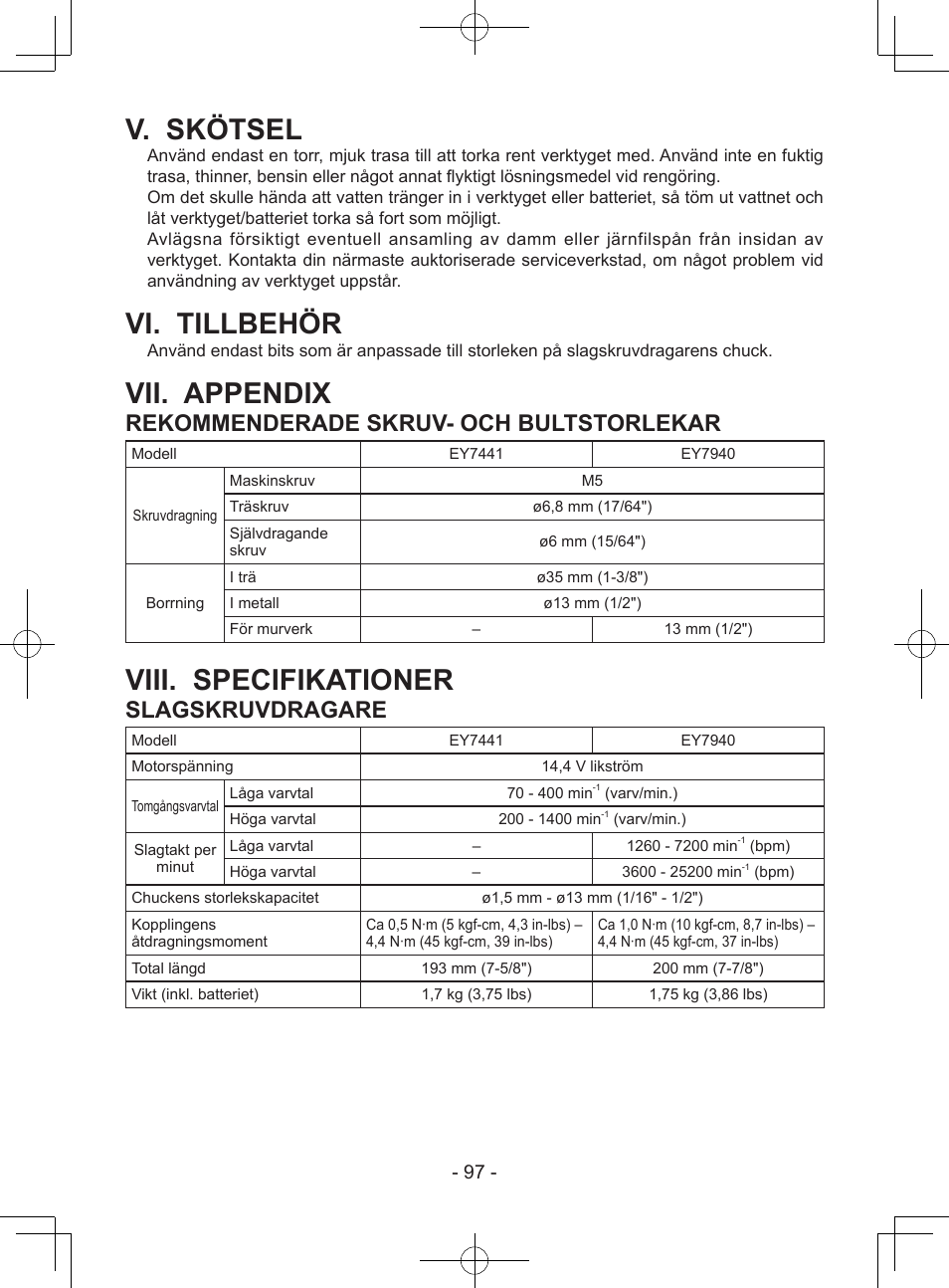 V. skötsel, Vi. tillbehör, Vii. appendix | Viii. specifikationer, Rekommenderade skruv- och bultstorlekar, Slagskruvdragare | Panasonic EY7940 User Manual | Page 97 / 121