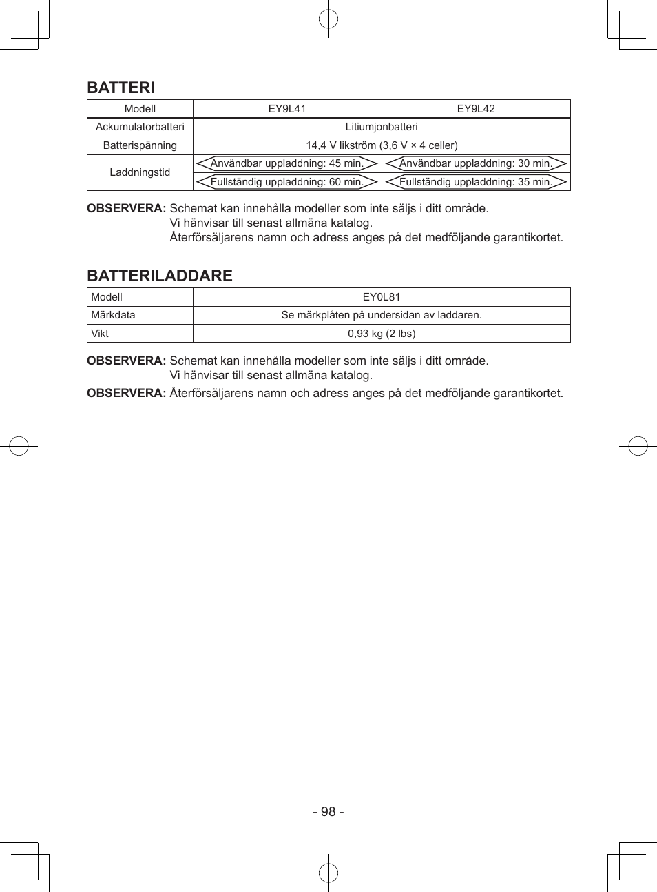 Batteri, Batteriladdare | Panasonic EY7940 User Manual | Page 98 / 121