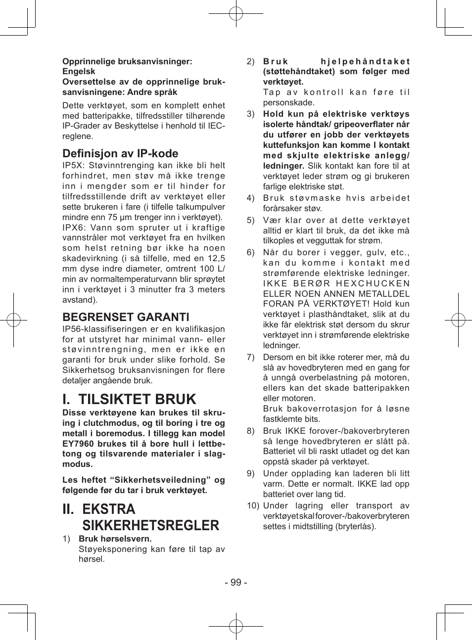 I. tilsiktet bruk, Ii. ekstra sikkerhetsregler, Definisjon av ip-kode | Begrenset garanti | Panasonic EY7940 User Manual | Page 99 / 121