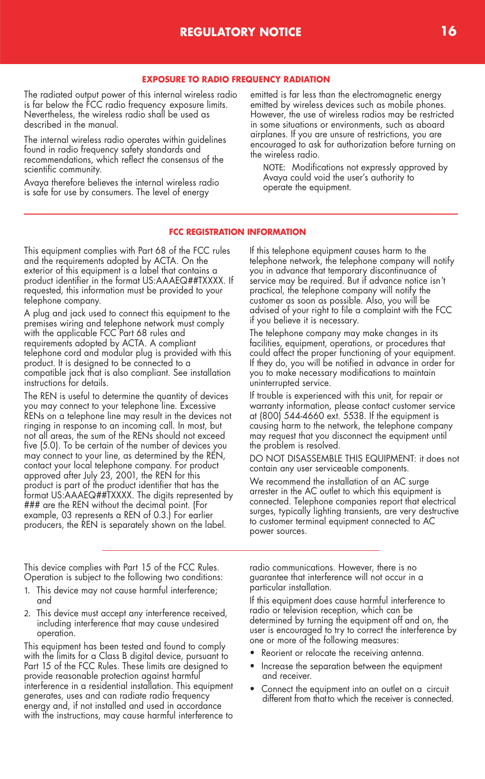 Regulatory notice | Avaya ABT-34 User Manual | Page 16 / 17