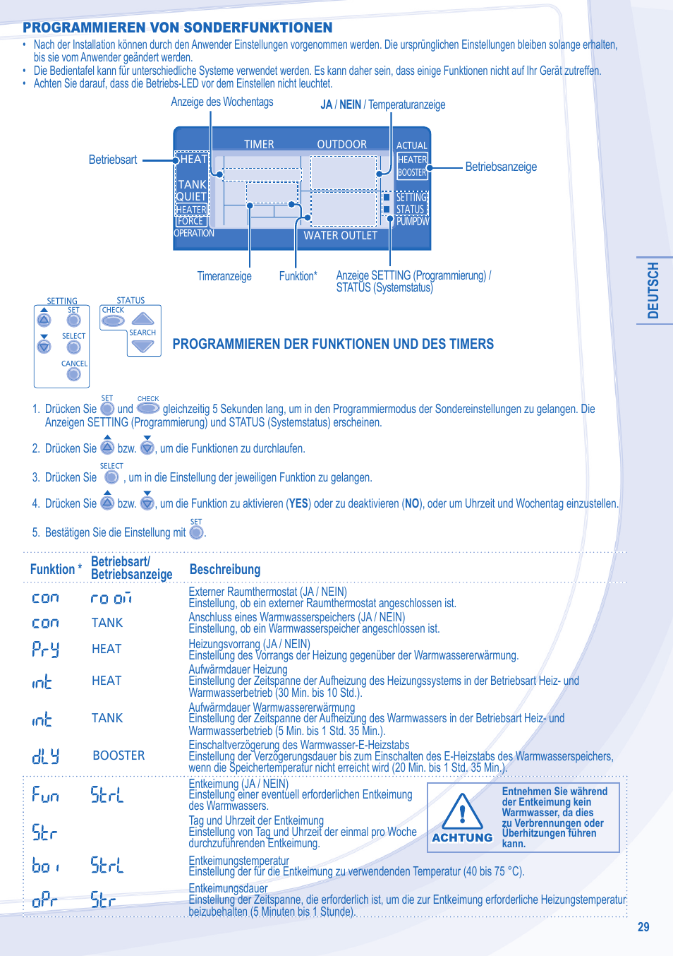Deutsch, Programmieren von sonderfunktionen, Programmieren der funktionen und des timers | Panasonic WHUD14CE5 User Manual | Page 5 / 12