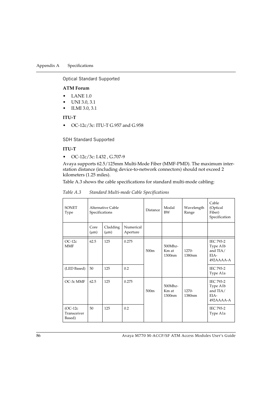 Optical standard supported, Sdh standard supported, Optical standard supported sdh standard supported | Table a.3, Standard multi-mode cable specifications | Avaya M-ACCF/SF User Manual | Page 102 / 114