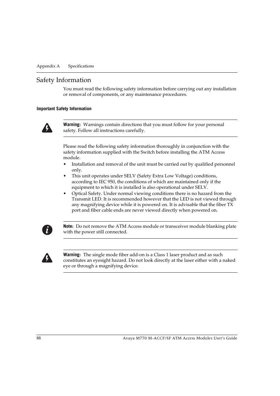 Safety information, Important safety information, Important safety information. d | Avaya M-ACCF/SF User Manual | Page 104 / 114