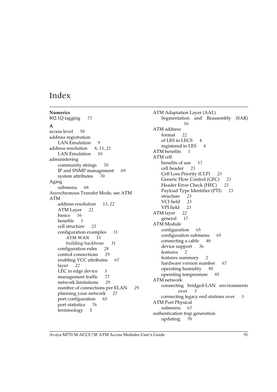 Index | Avaya M-ACCF/SF User Manual | Page 107 / 114