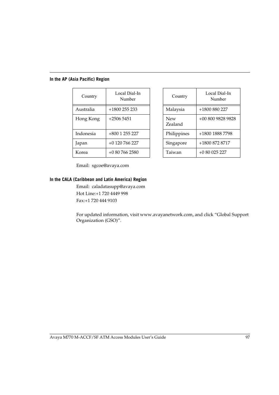 In the ap (asia pacific) region, In the cala (caribbean and latin america) region | Avaya M-ACCF/SF User Manual | Page 113 / 114