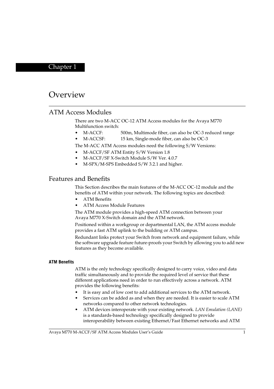 Overview, Atm access modules, Features and benefits | Atm benefits, Chapter 1, Overview atm access modules features and benefits | Avaya M-ACCF/SF User Manual | Page 17 / 114