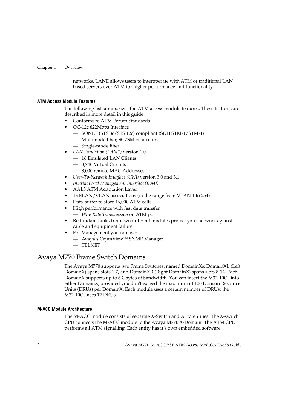 Atm access module features, Avaya m770 frame switch domains, M-acc module architecture | Avaya M-ACCF/SF User Manual | Page 18 / 114