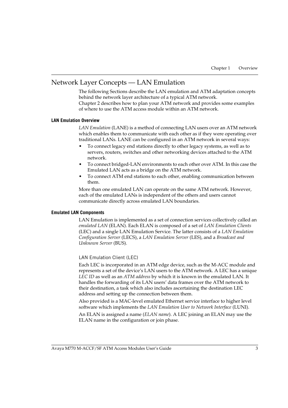 Network layer concepts — lan emulation, Lan emulation overview, Emulated lan components | Lan emulation client (lec), Lan emulation overview emulated lan components | Avaya M-ACCF/SF User Manual | Page 19 / 114