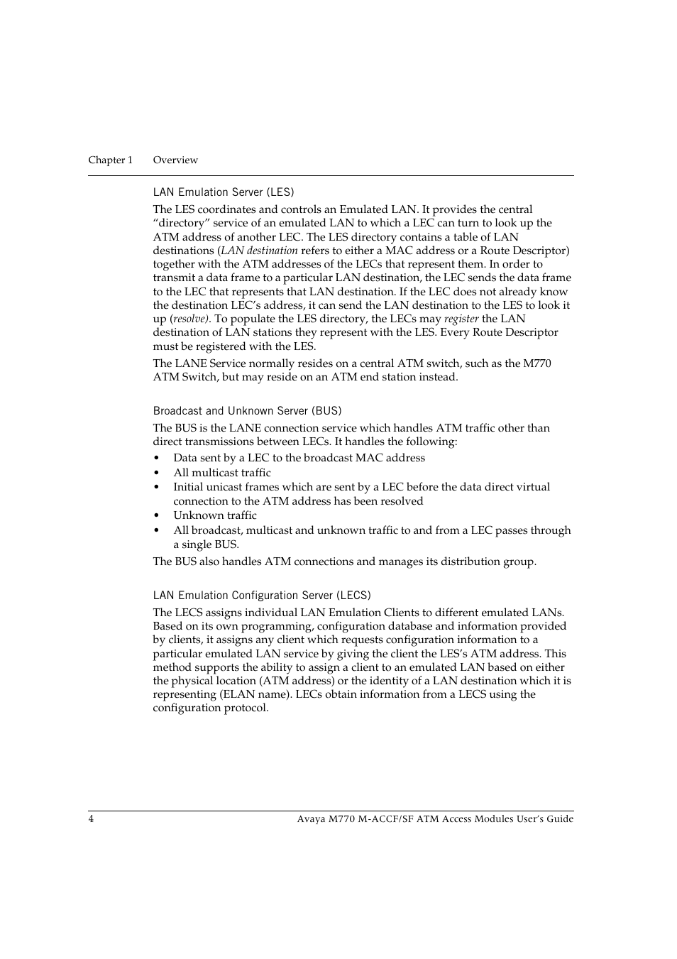 Lan emulation server (les), Broadcast and unknown server (bus), Lan emulation configuration server (lecs) | Avaya M-ACCF/SF User Manual | Page 20 / 114