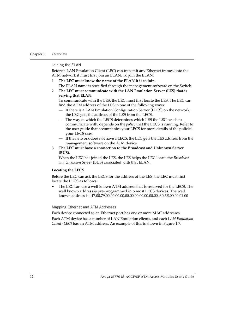Joining the elan, Mapping ethernet and atm addresses | Avaya M-ACCF/SF User Manual | Page 28 / 114