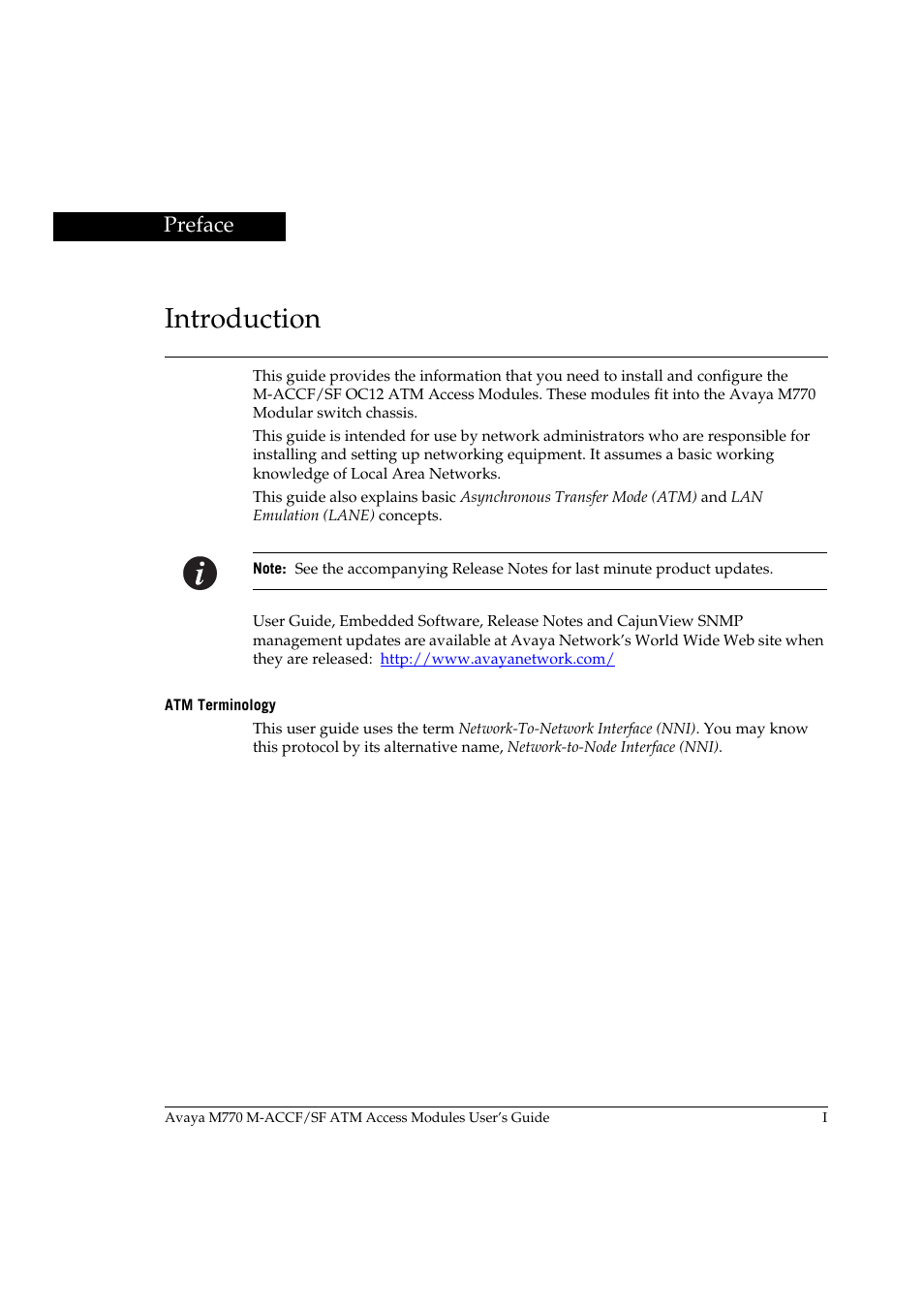 Introduction, Atm terminology, Preface | Avaya M-ACCF/SF User Manual | Page 3 / 114