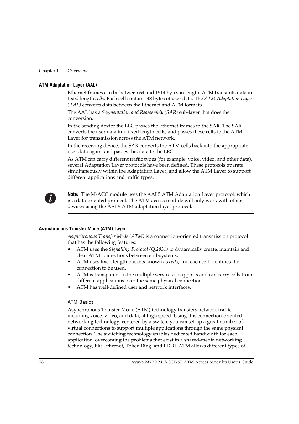 Atm adaptation layer (aal), Asynchronous transfer mode (atm) layer, Atm basics | Avaya M-ACCF/SF User Manual | Page 32 / 114
