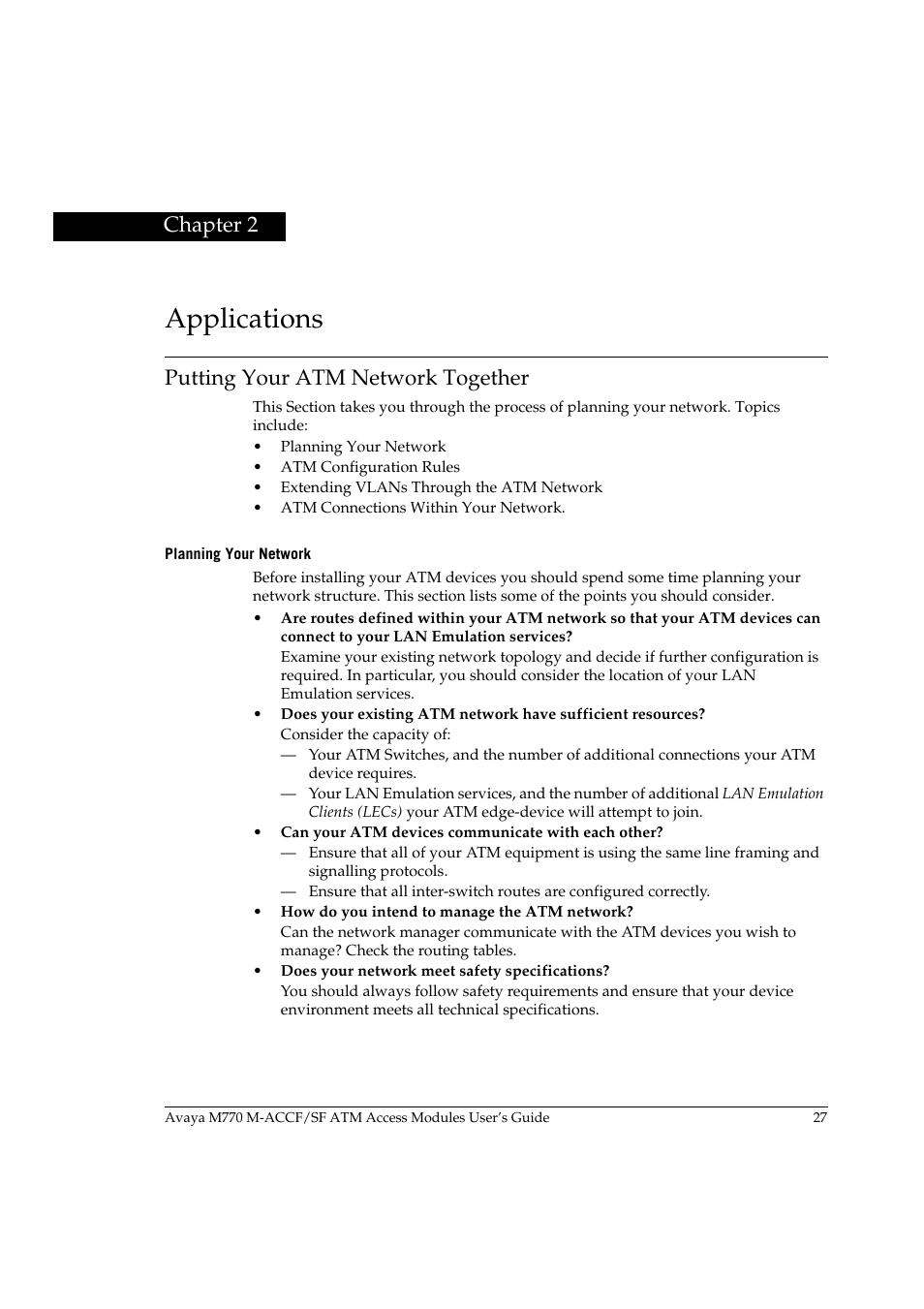 Applications, Putting your atm network together, Planning your network | Chapter 2, Applications putting your atm network together | Avaya M-ACCF/SF User Manual | Page 43 / 114