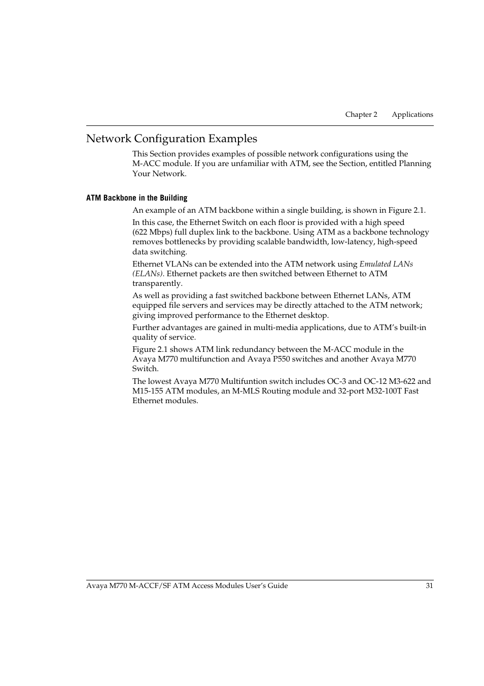 Network configuration examples, Atm backbone in the building | Avaya M-ACCF/SF User Manual | Page 47 / 114