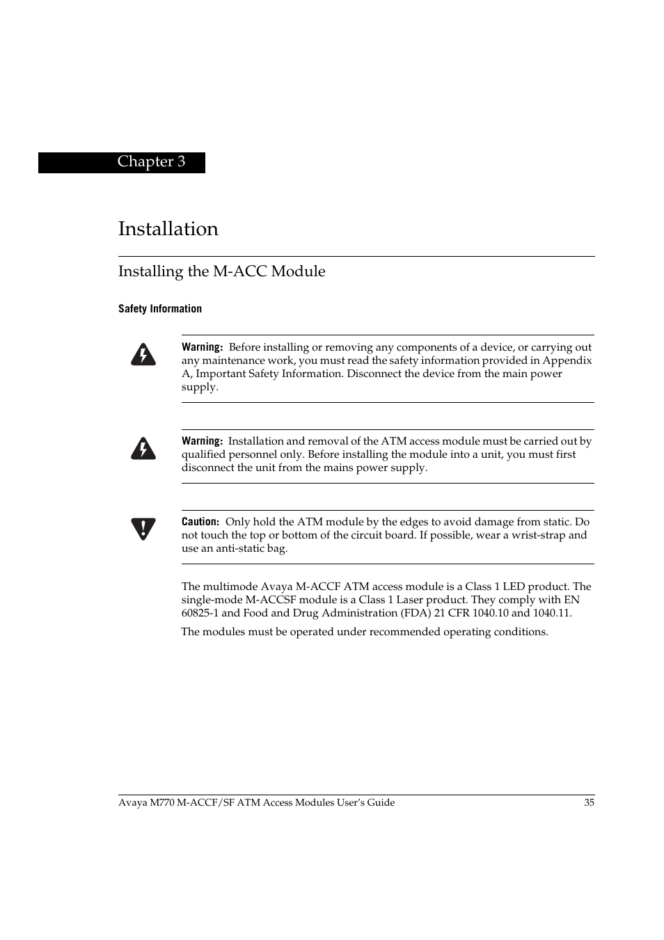 Installation, Installing the m-acc module, Safety information | Chapter 3, Installation installing the m-acc module | Avaya M-ACCF/SF User Manual | Page 51 / 114