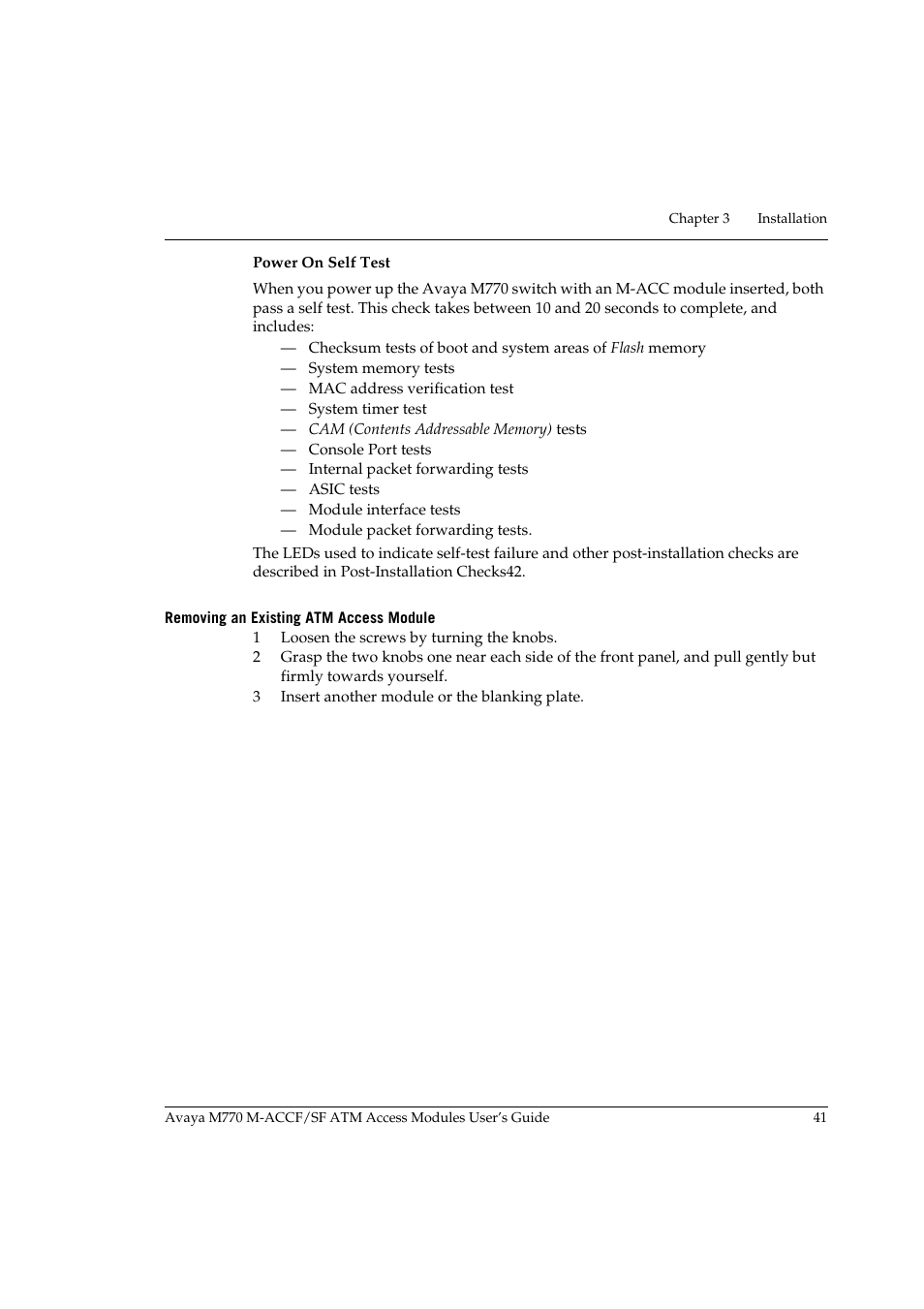 Removing an existing atm access module | Avaya M-ACCF/SF User Manual | Page 57 / 114