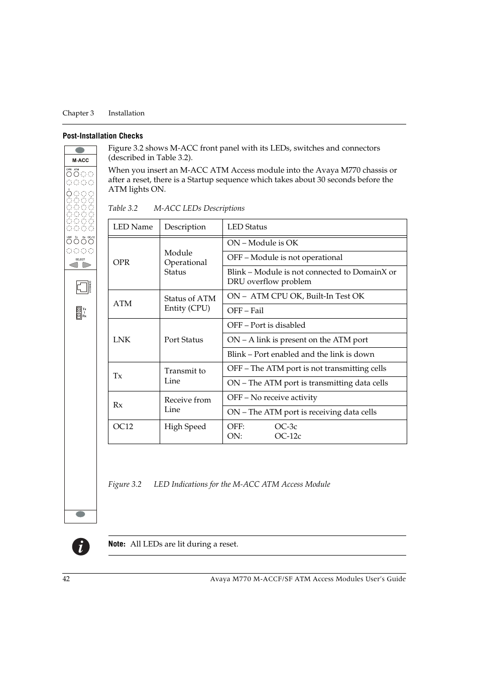 Post-installation checks, Figure 3.2, Led indications for the m-acc atm access module | Table 3.2, M-acc leds descriptions | Avaya M-ACCF/SF User Manual | Page 58 / 114