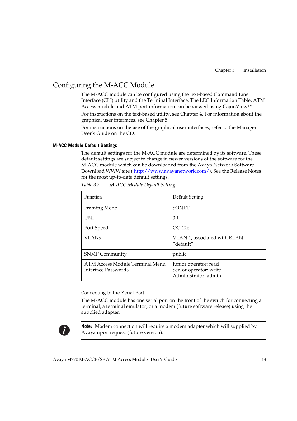 Configuring the m-acc module, M-acc module default settings, Connecting to the serial port | Table 3.3 | Avaya M-ACCF/SF User Manual | Page 59 / 114