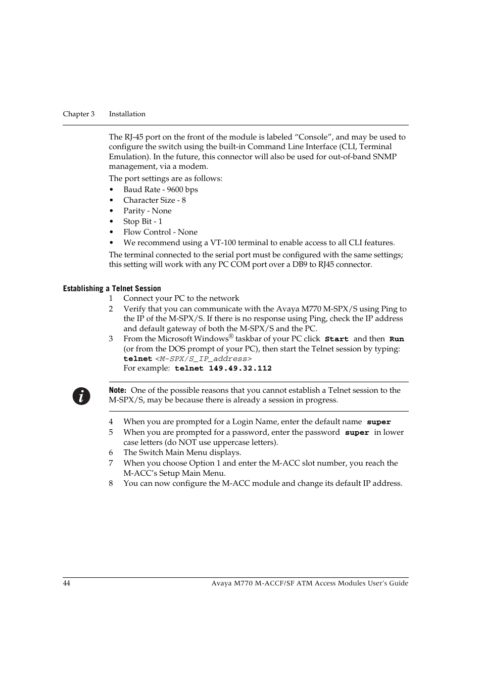 Establishing a telnet session | Avaya M-ACCF/SF User Manual | Page 60 / 114