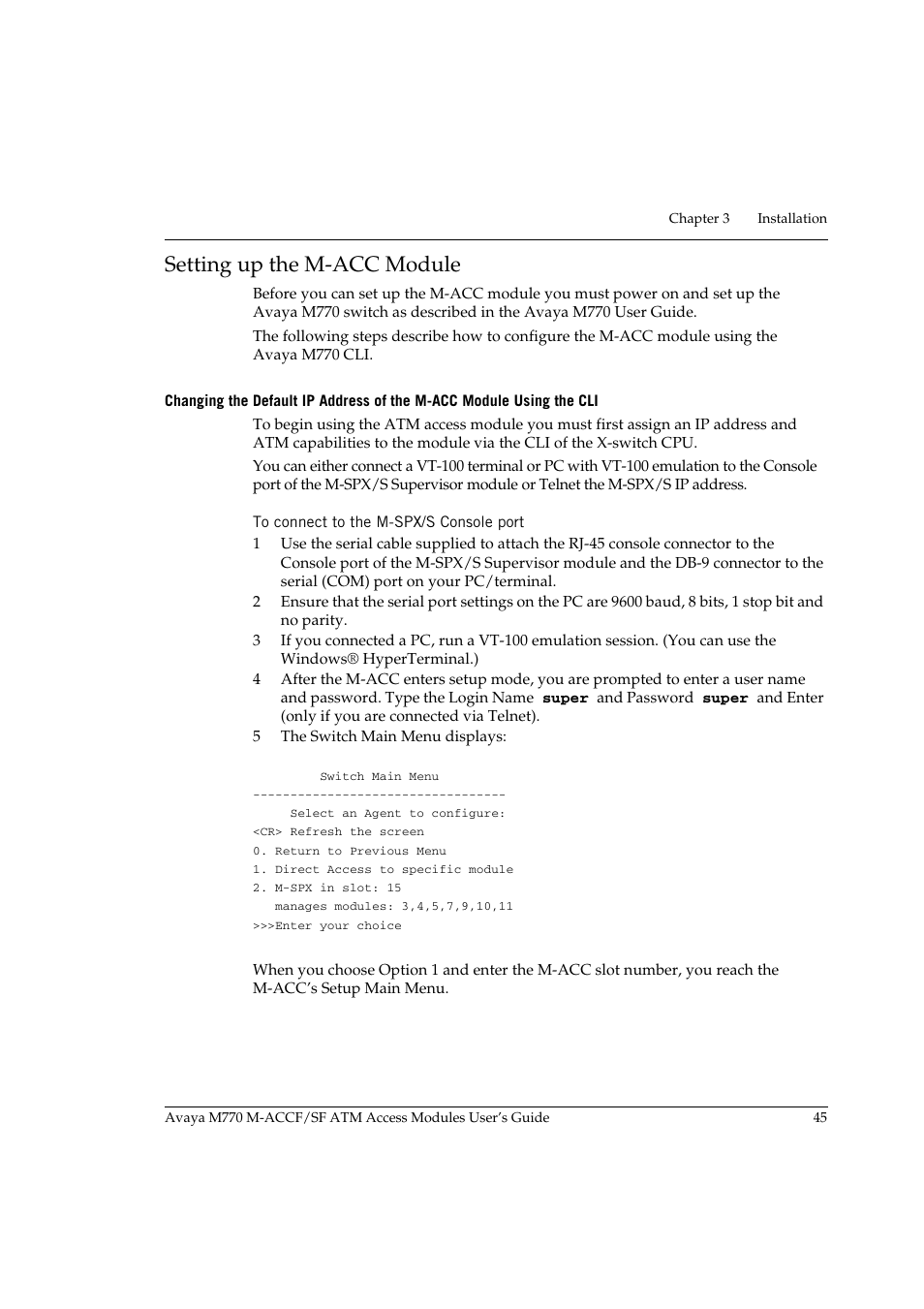 Setting up the m-acc module, To connect to the m-spx/s console port | Avaya M-ACCF/SF User Manual | Page 61 / 114