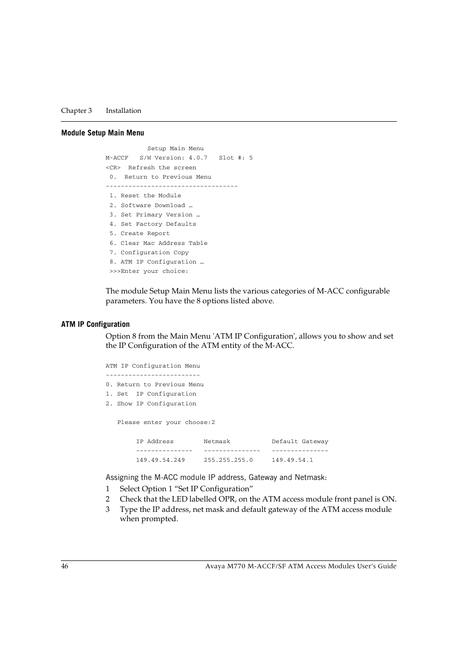 Module setup main menu, Atm ip configuration, Module setup main menu atm ip configuration | Avaya M-ACCF/SF User Manual | Page 62 / 114
