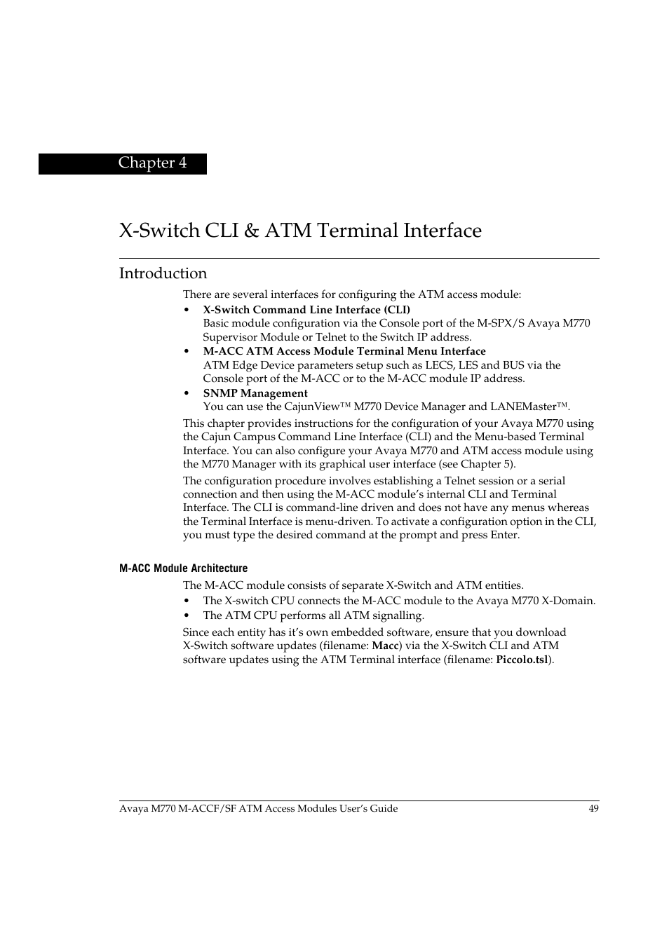 X-switch cli & atm terminal interface, Introduction, M-acc module architecture | Chapter 4, X-switch cli & atm terminal interface introduction, Chapter | Avaya M-ACCF/SF User Manual | Page 65 / 114