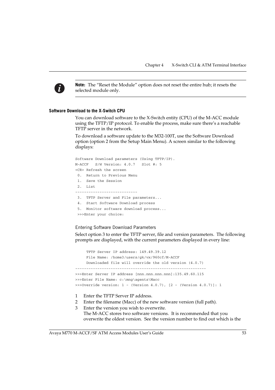 Software download to the x-switch cpu, Entering software download parameters, Ge 53 | Avaya M-ACCF/SF User Manual | Page 69 / 114