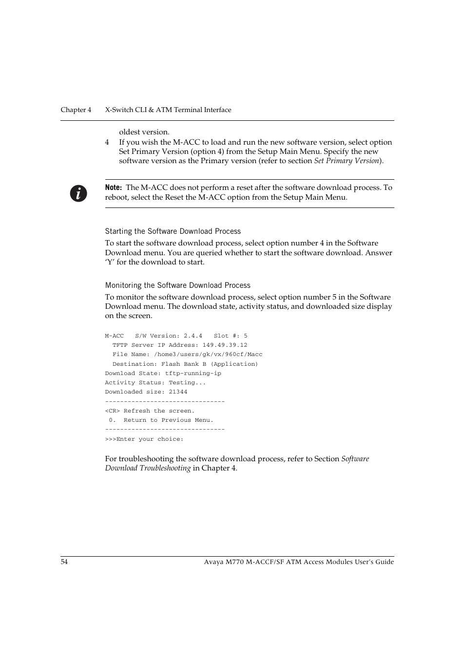 Starting the software download process, Monitoring the software download process | Avaya M-ACCF/SF User Manual | Page 70 / 114