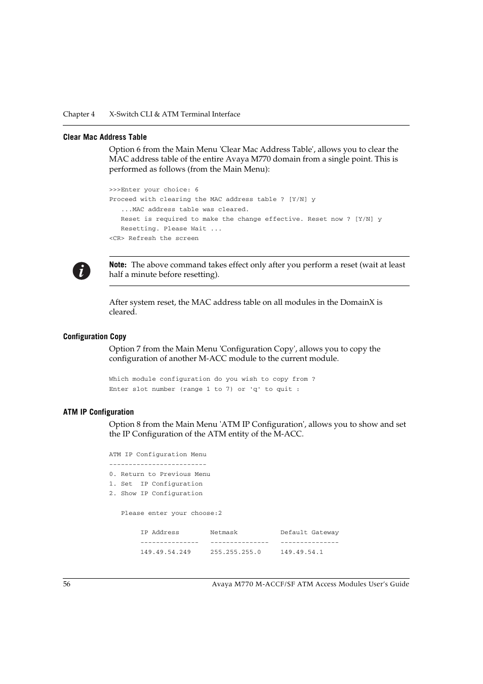 Clear mac address table, Configuration copy, Atm ip configuration | Ge 56 | Avaya M-ACCF/SF User Manual | Page 72 / 114