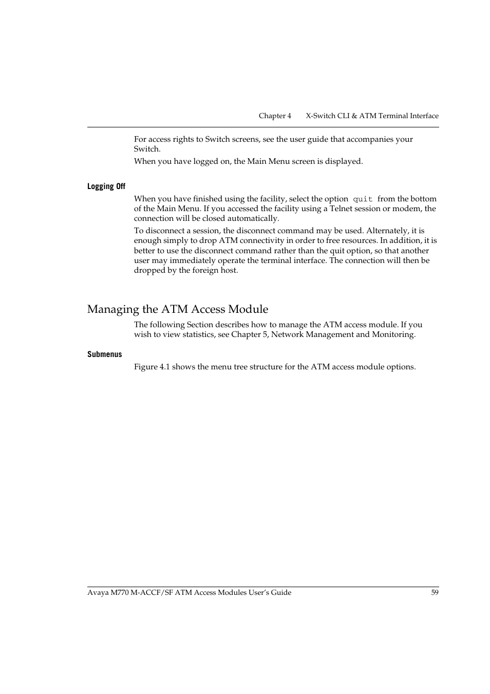 Logging off, Managing the atm access module, Submenus | Avaya M-ACCF/SF User Manual | Page 75 / 114