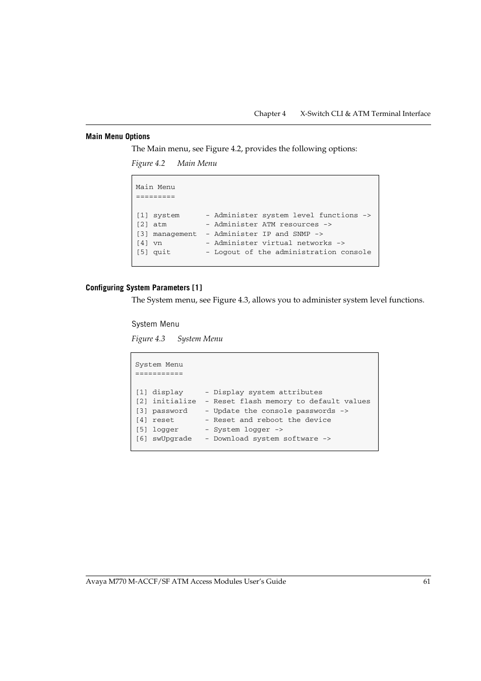 Main menu options, Configuring system parameters [1, System menu | Main menu options configuring system parameters [1, Figure 4.2, Main menu, Figure 4.3 | Avaya M-ACCF/SF User Manual | Page 77 / 114