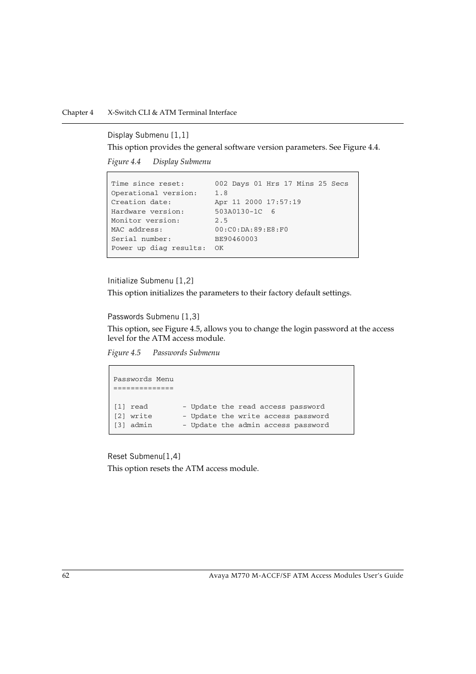 Display submenu [1,1, Initialize submenu [1,2, Passwords submenu [1,3 | Reset submenu[1,4, Figure 4.4, Display submenu, Figure 4.5, Passwords submenu | Avaya M-ACCF/SF User Manual | Page 78 / 114