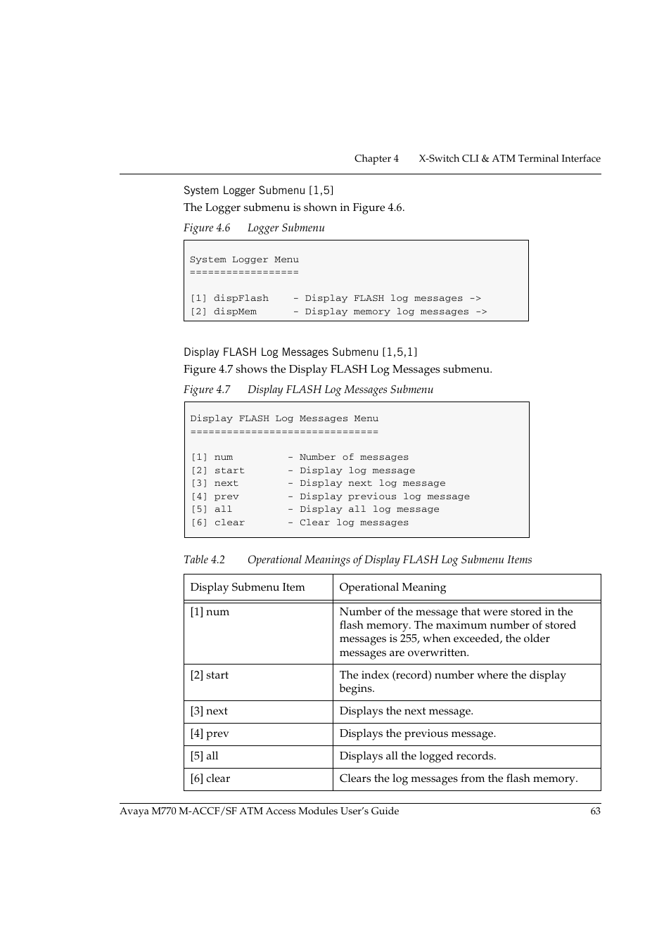 System logger submenu [1,5, Display flash log messages submenu [1,5,1, Figure 4.6 | Logger submenu, Figure 4.7, Display flash log messages submenu, Table 4.2 | Avaya M-ACCF/SF User Manual | Page 79 / 114
