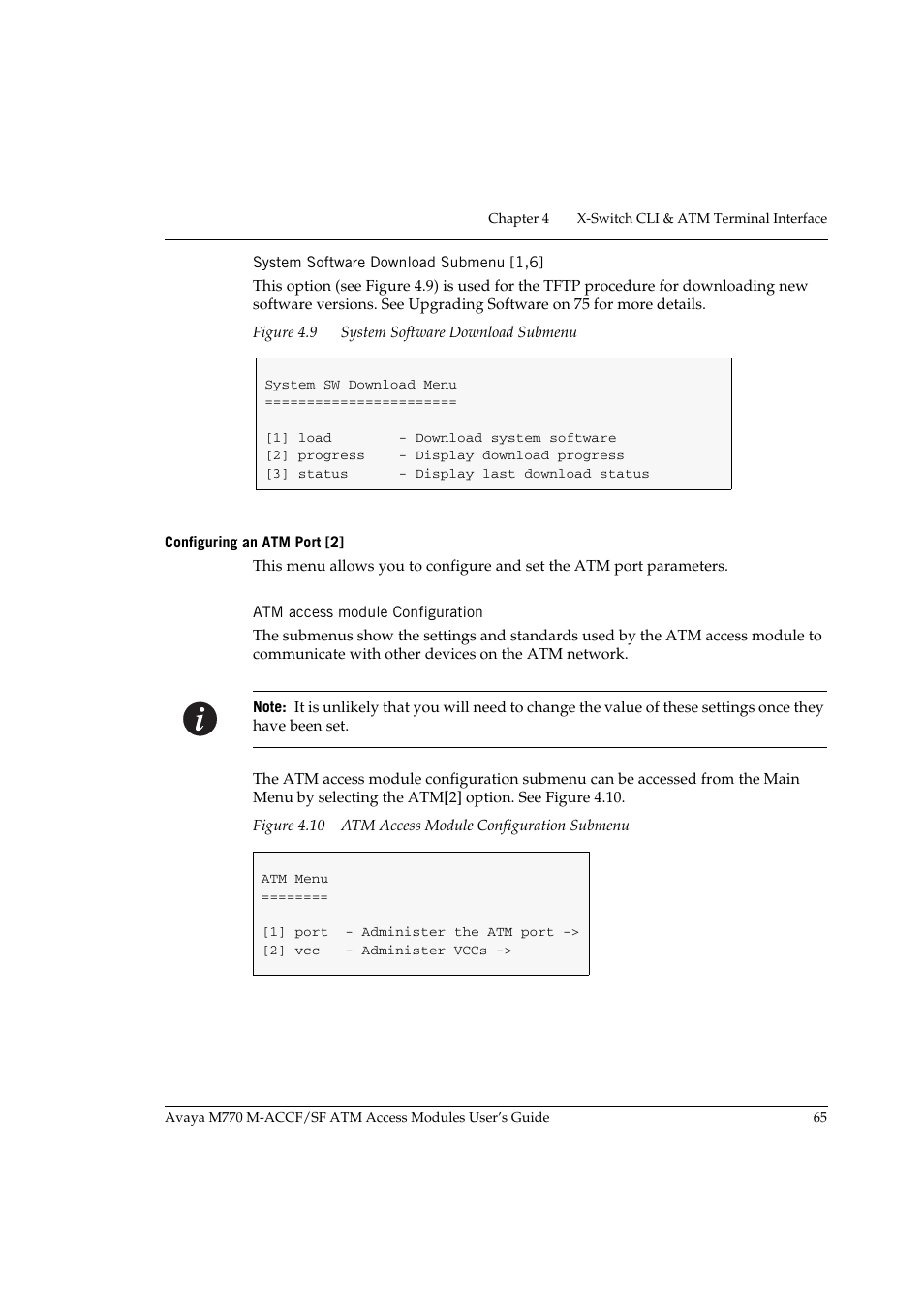 System software download submenu [1,6, Configuring an atm port [2, Atm access module configuration | Figure 4.9, System software download submenu | Avaya M-ACCF/SF User Manual | Page 81 / 114