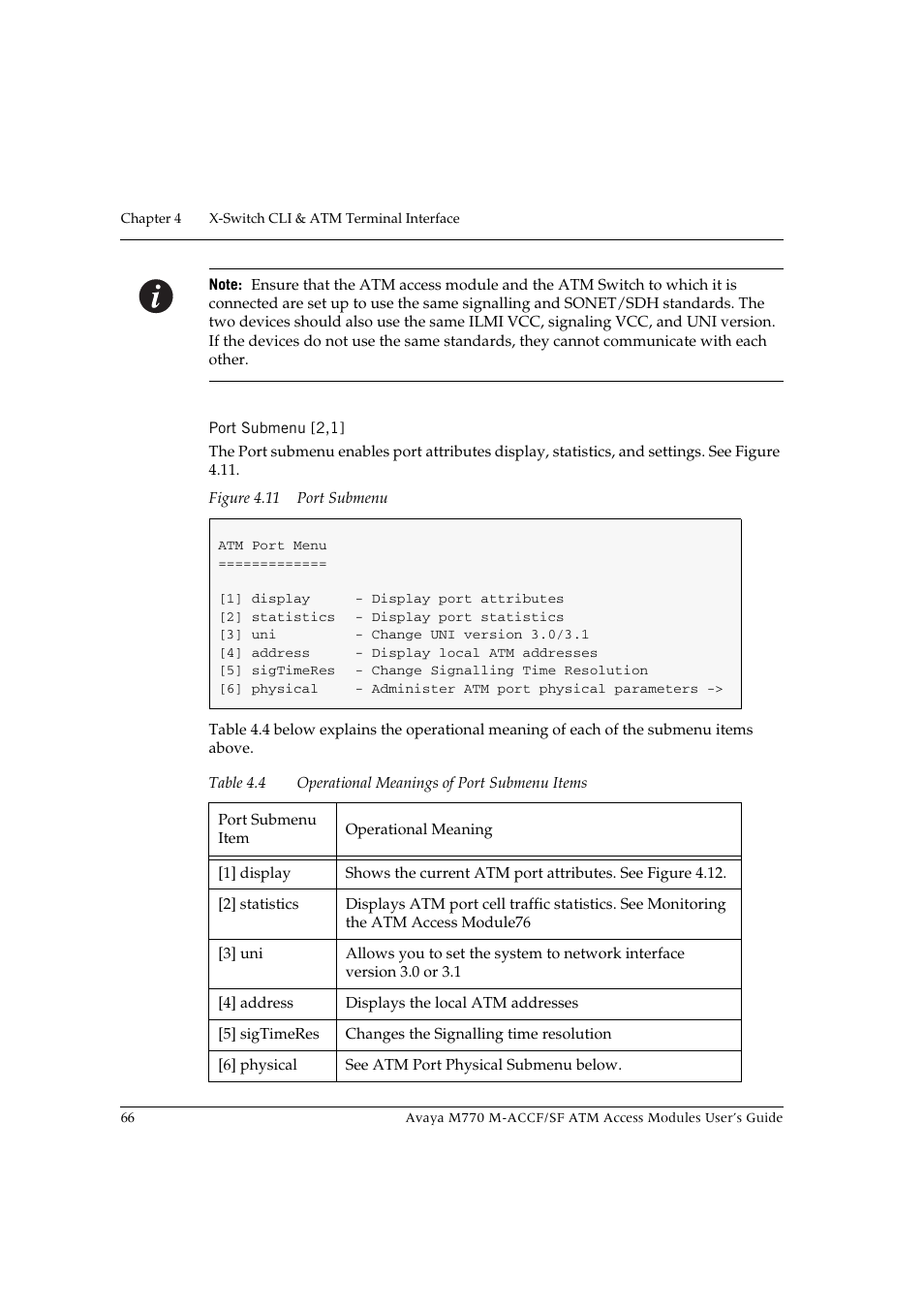 Port submenu [2,1, Figure 4.11 port submenu, Table 4.4 | Operational meanings of port submenu items | Avaya M-ACCF/SF User Manual | Page 82 / 114