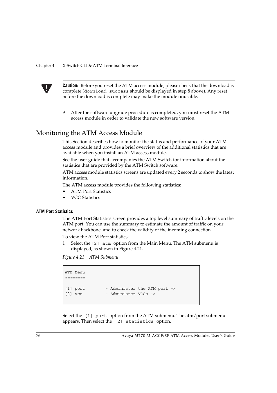 Monitoring the atm access module, Atm port statistics, Figure 4.21 atm submenu | Monitoring the atm access module76 | Avaya M-ACCF/SF User Manual | Page 92 / 114